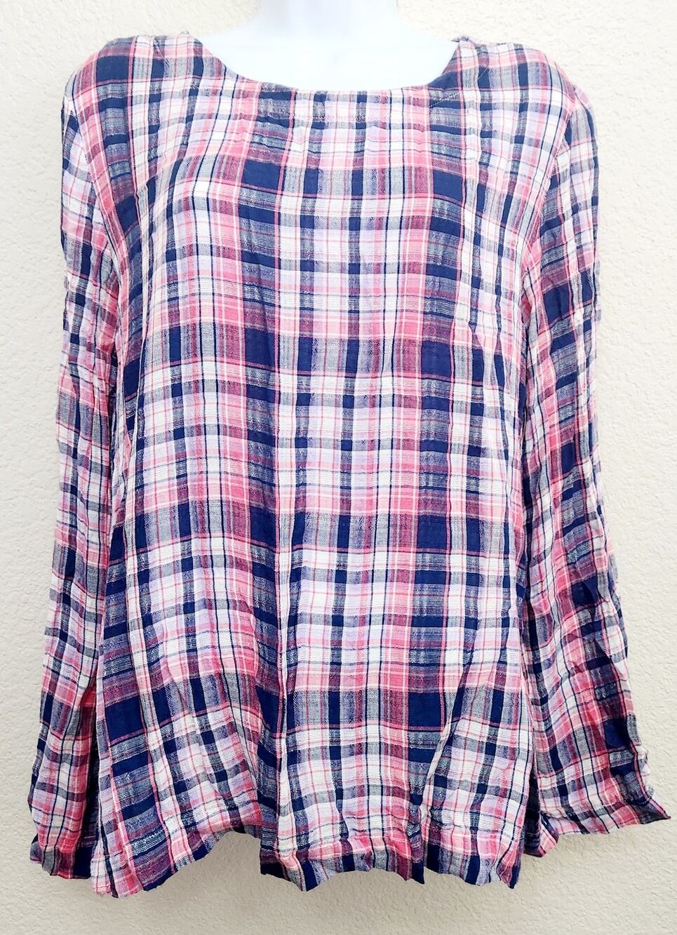 Velvet Heart Pink Blue Plaid Tie Back Top Medium Lightweight Long Sleeves